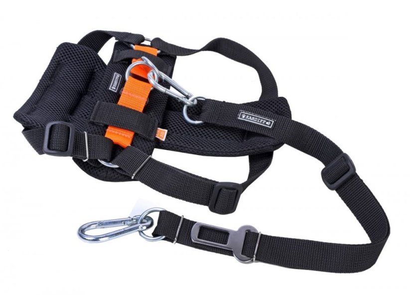 KARDIFF SET - Bezpečnostní pás (postroj + vodítko pro psa), velikost S / pomarančová
